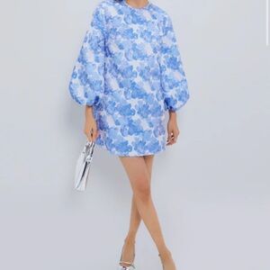 Elegant Blue Floral Long Sleeve Dress